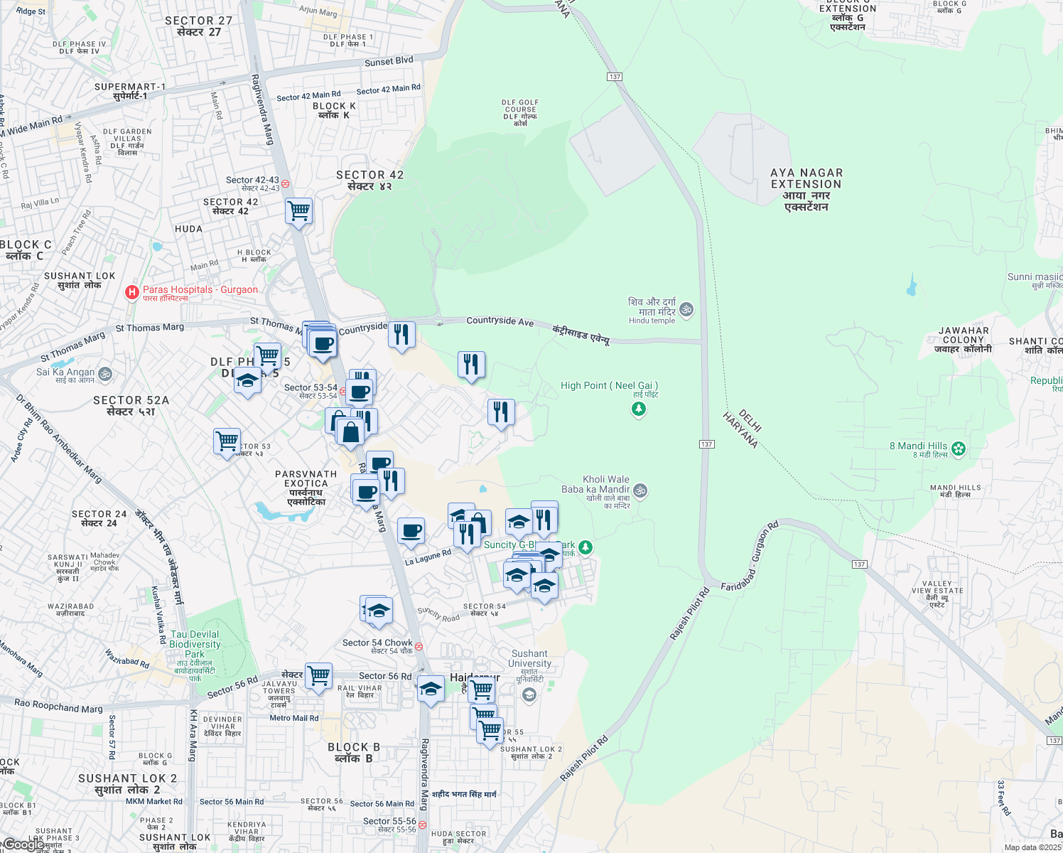 map of restaurants, bars, coffee shops, grocery stores, and more near Golf Course Extension Road in Gurugram