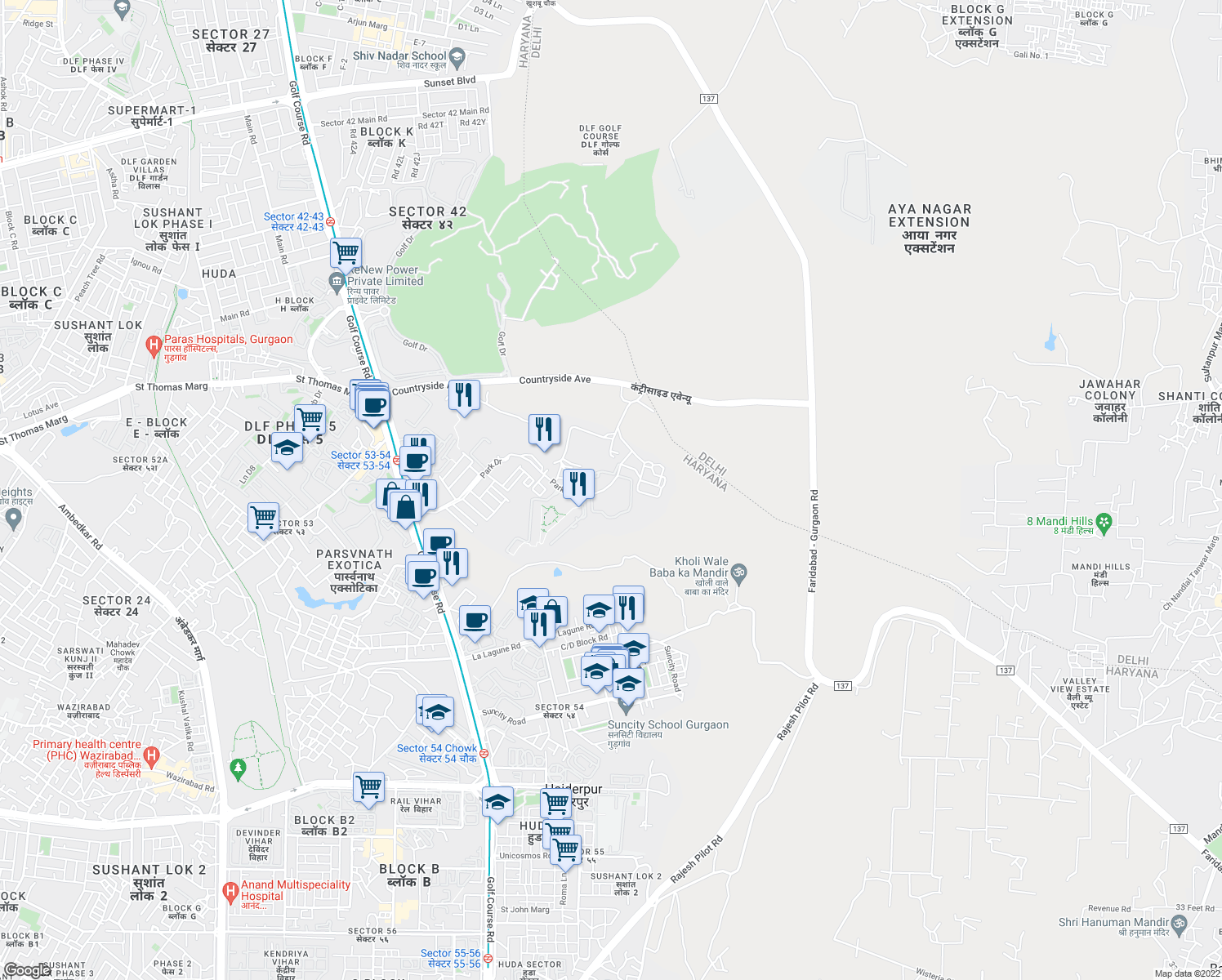 map of restaurants, bars, coffee shops, grocery stores, and more near DLF Golf Course Rd in Gurugram