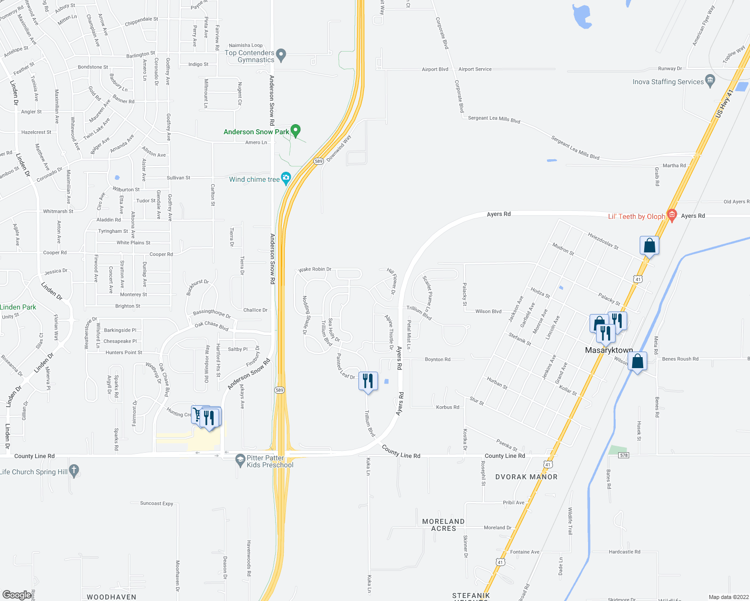 map of restaurants, bars, coffee shops, grocery stores, and more near 2043 Trillium Boulevard in Brooksville