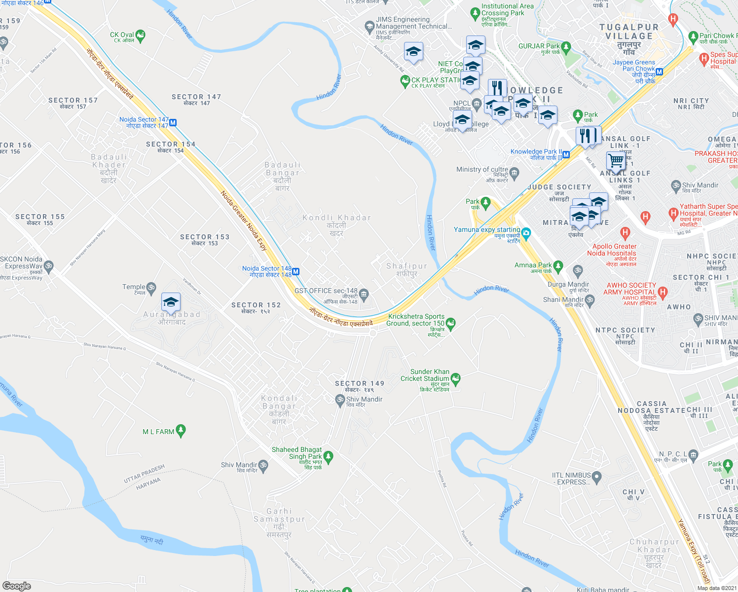 map of restaurants, bars, coffee shops, grocery stores, and more near Noida Greater Noida Express Way in Noida