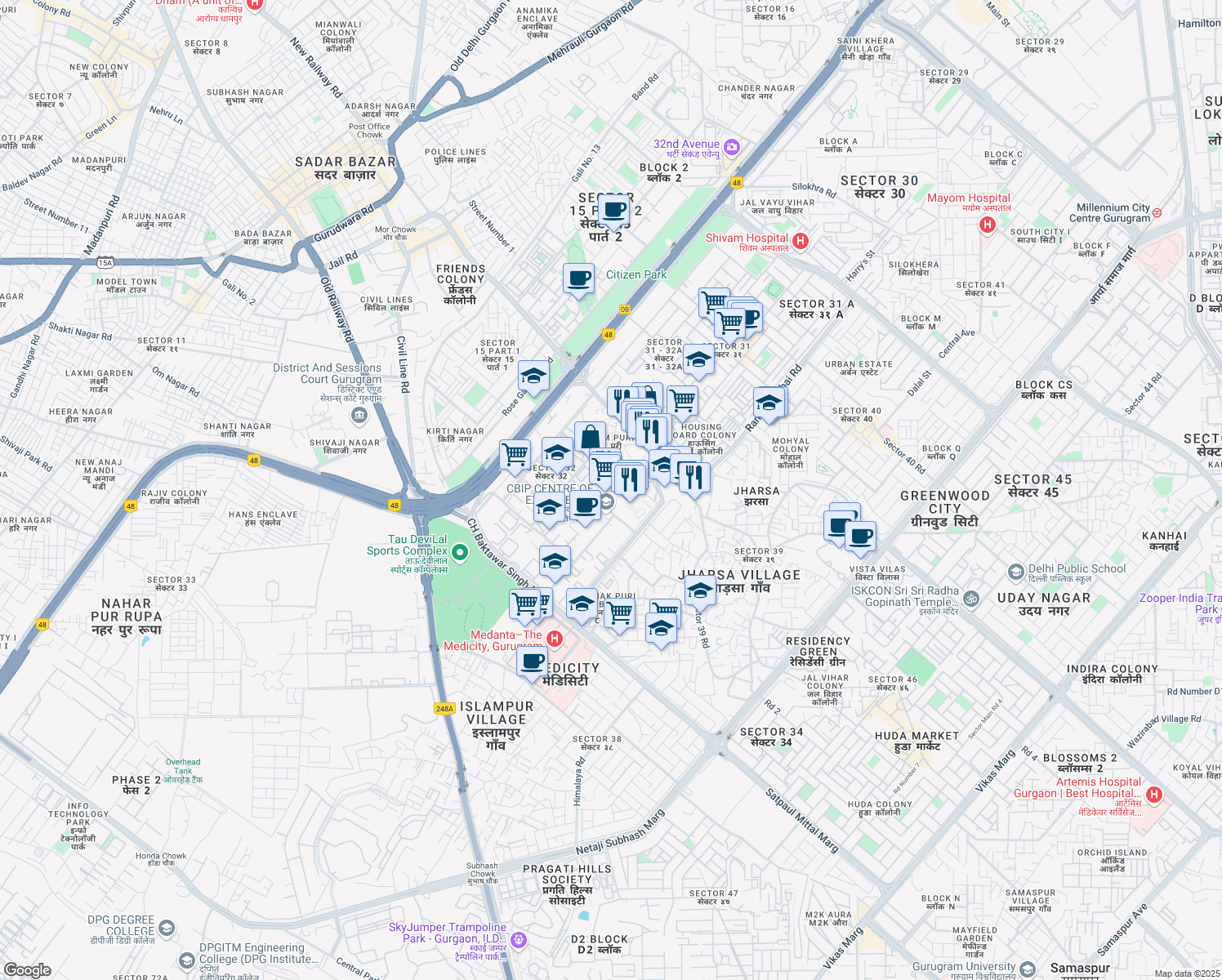 map of restaurants, bars, coffee shops, grocery stores, and more near 10 Institutional Area in Gurgaon