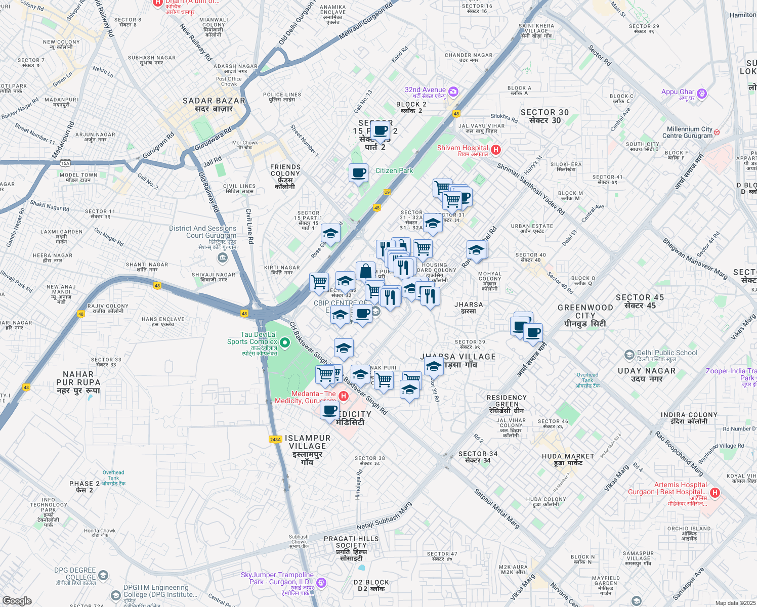 map of restaurants, bars, coffee shops, grocery stores, and more near 10 Institutional Area in Gurgaon