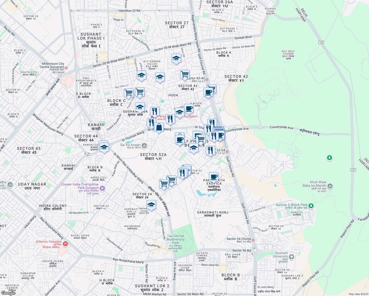 map of restaurants, bars, coffee shops, grocery stores, and more near in Gurugram
