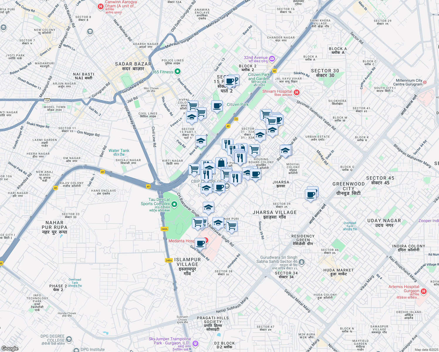 map of restaurants, bars, coffee shops, grocery stores, and more near in Gurugram