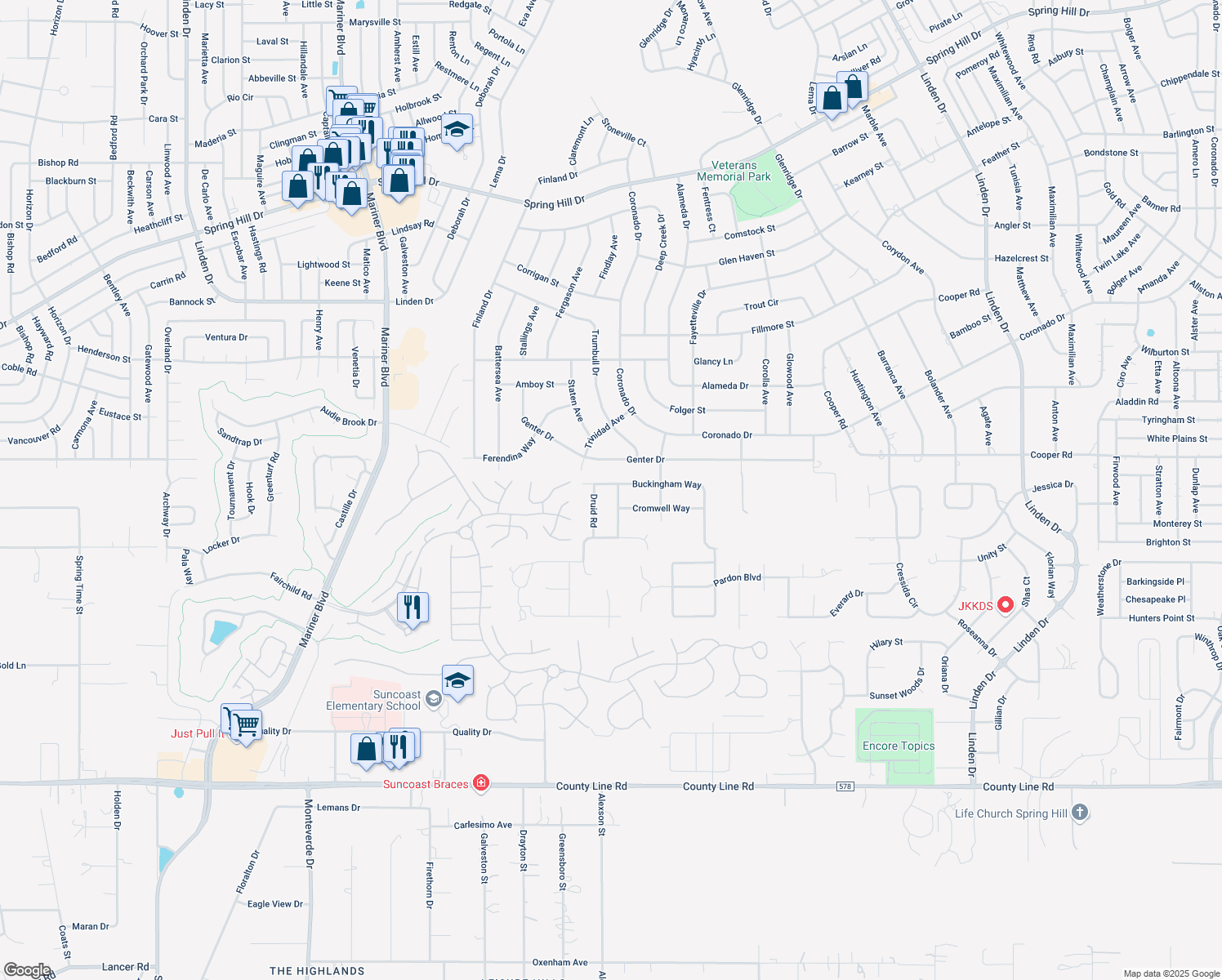 map of restaurants, bars, coffee shops, grocery stores, and more near 11482 Buckingham Way in Spring Hill