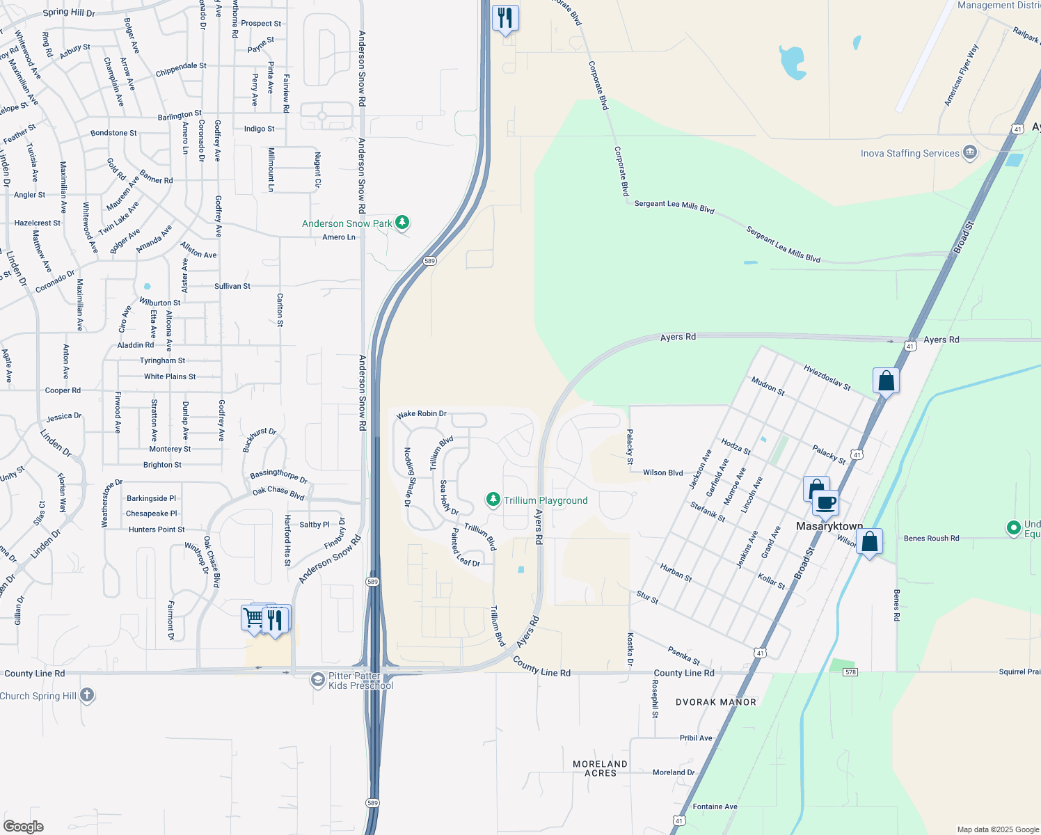 map of restaurants, bars, coffee shops, grocery stores, and more near 1241 Hill Flower Drive in Brooksville