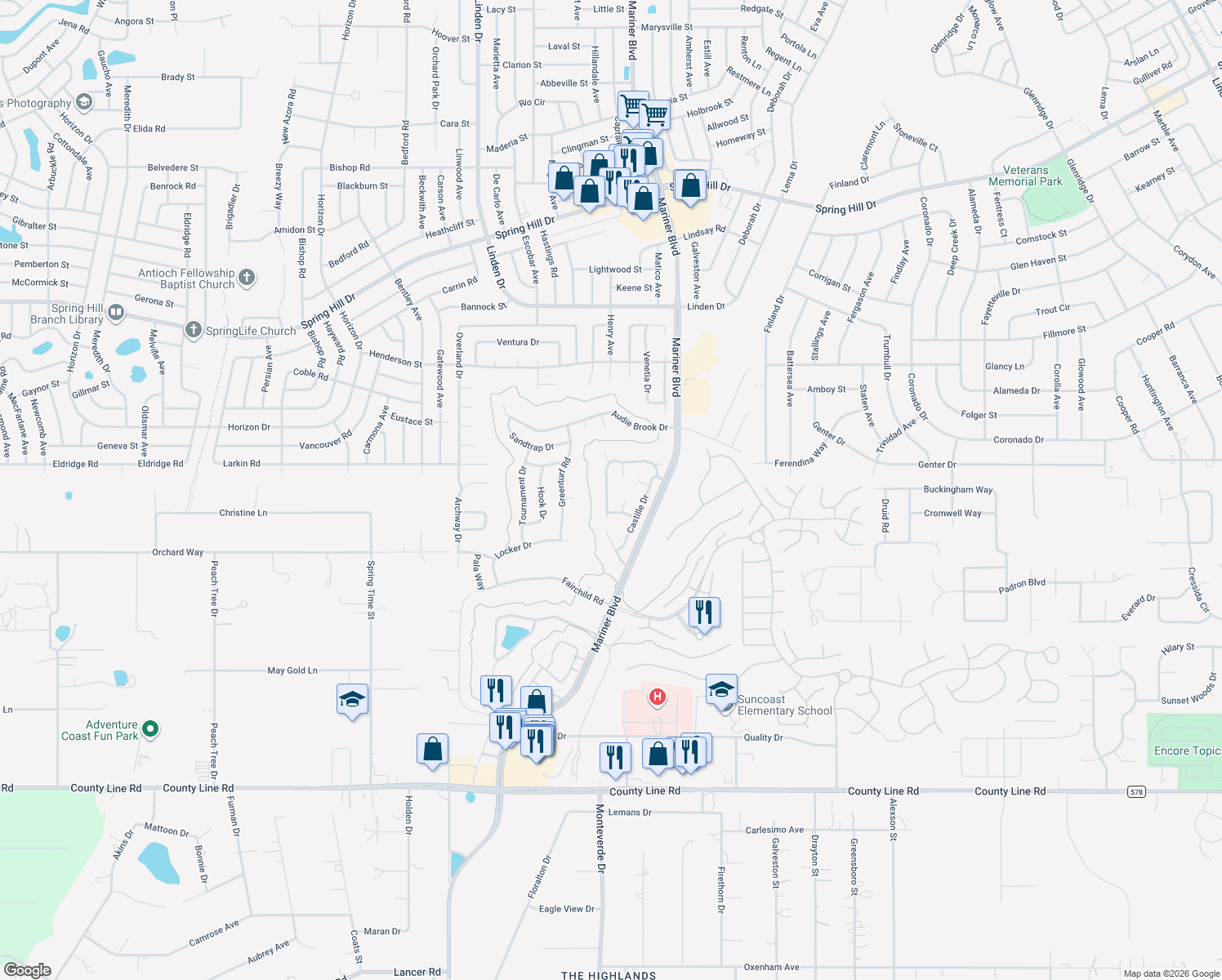 map of restaurants, bars, coffee shops, grocery stores, and more near 10428 Casa Grande Circle in Spring Hill