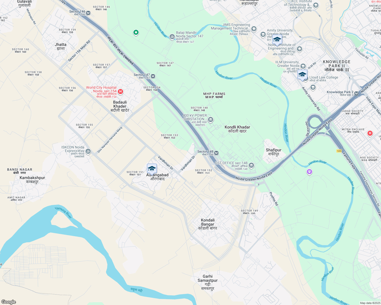 map of restaurants, bars, coffee shops, grocery stores, and more near Noida-Greater Noida Expressway in Noida