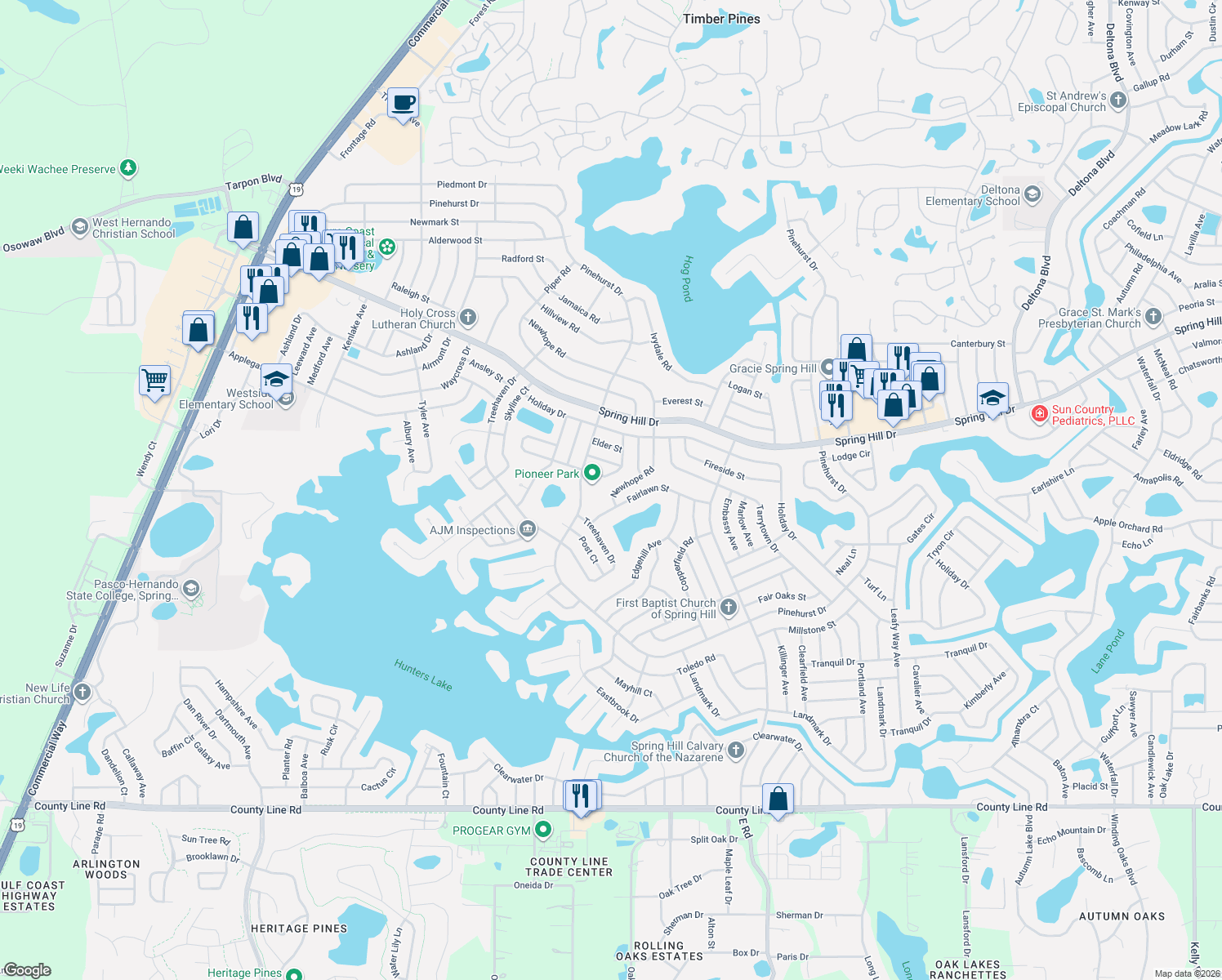 map of restaurants, bars, coffee shops, grocery stores, and more near 1117 Newhope Road in Spring Hill