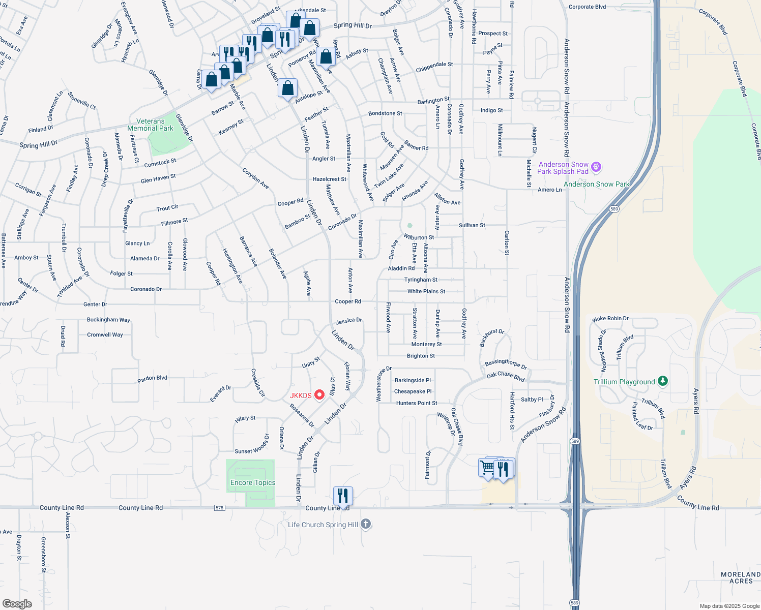 map of restaurants, bars, coffee shops, grocery stores, and more near 1098 Aladdin Road in Spring Hill