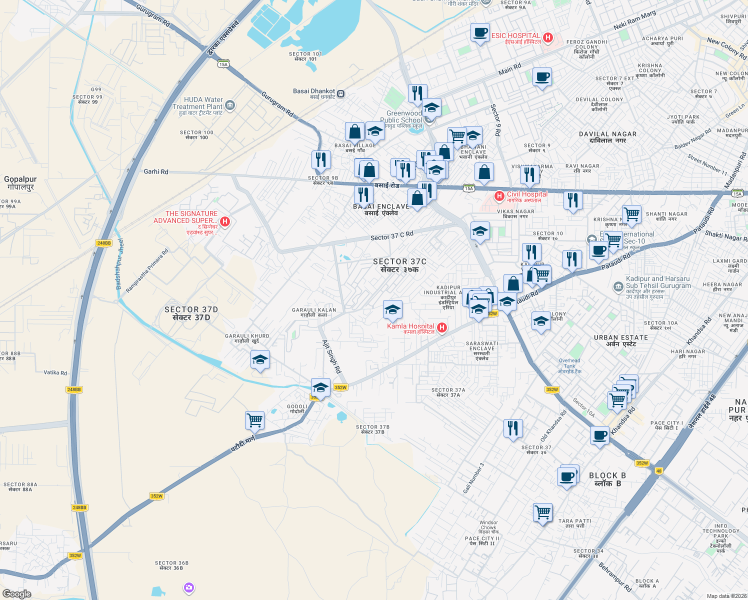 map of restaurants, bars, coffee shops, grocery stores, and more near in Gurugram