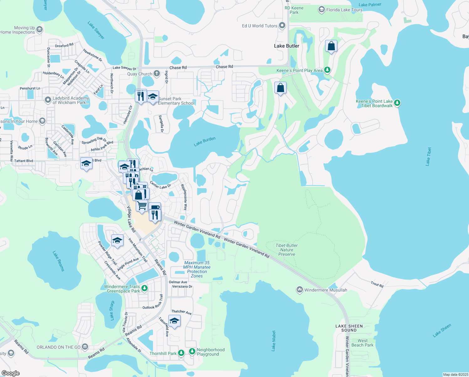 map of restaurants, bars, coffee shops, grocery stores, and more near 8345 Tibet Butler Drive in Windermere