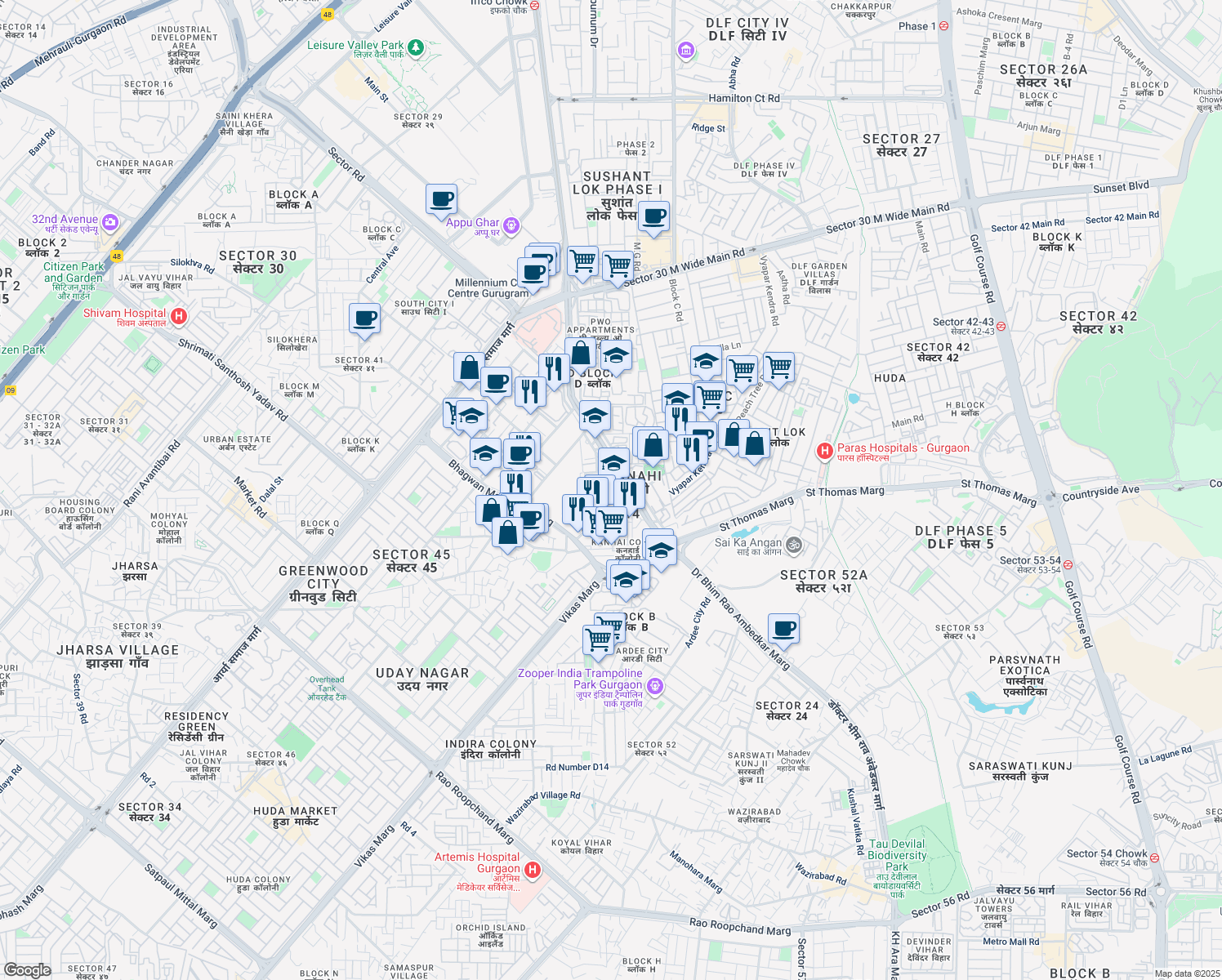 map of restaurants, bars, coffee shops, grocery stores, and more near 142 Sector 44 Road in Gurugram