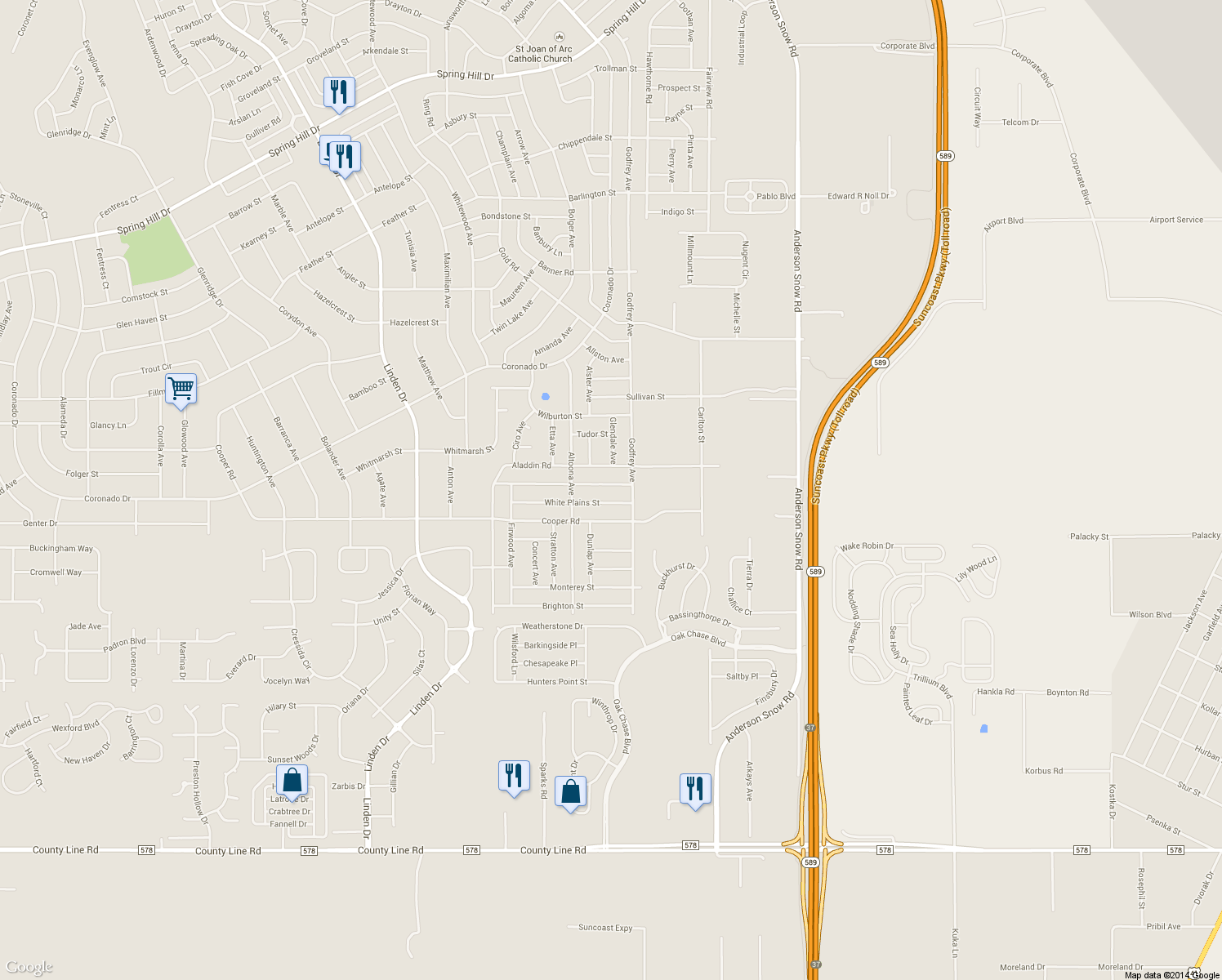 map of restaurants, bars, coffee shops, grocery stores, and more near 14034 Tyringham Street in Spring Hill