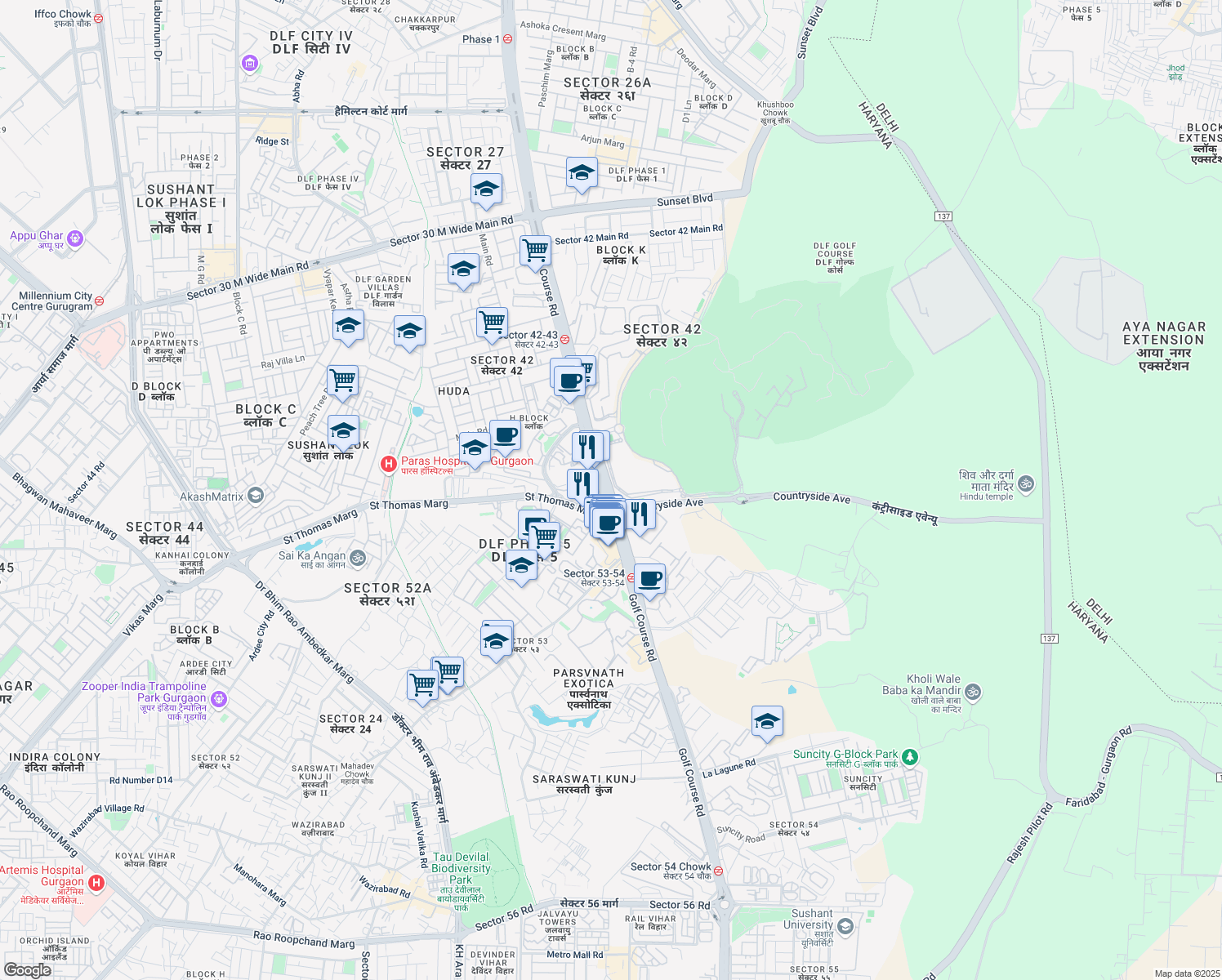map of restaurants, bars, coffee shops, grocery stores, and more near Golf Course Road in Gurugram