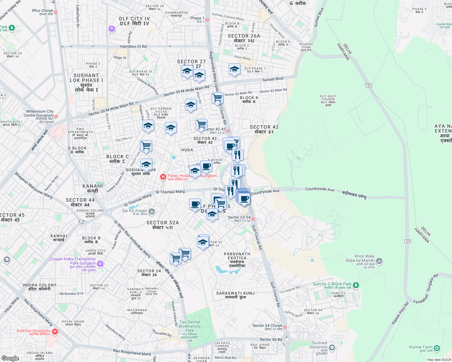 map of restaurants, bars, coffee shops, grocery stores, and more near Golf Course Road in Gurugram