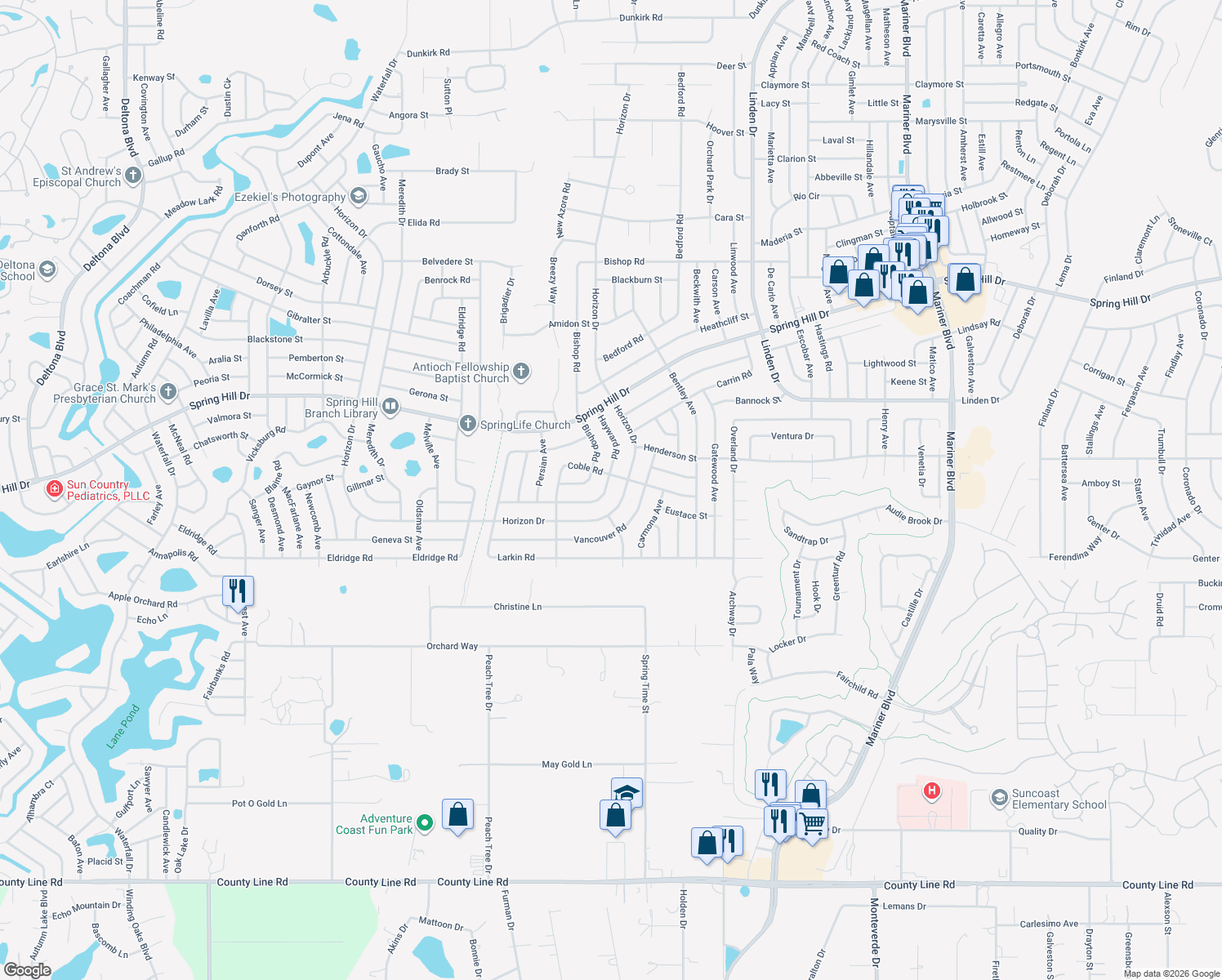 map of restaurants, bars, coffee shops, grocery stores, and more near 10048 Hayward Road in Spring Hill