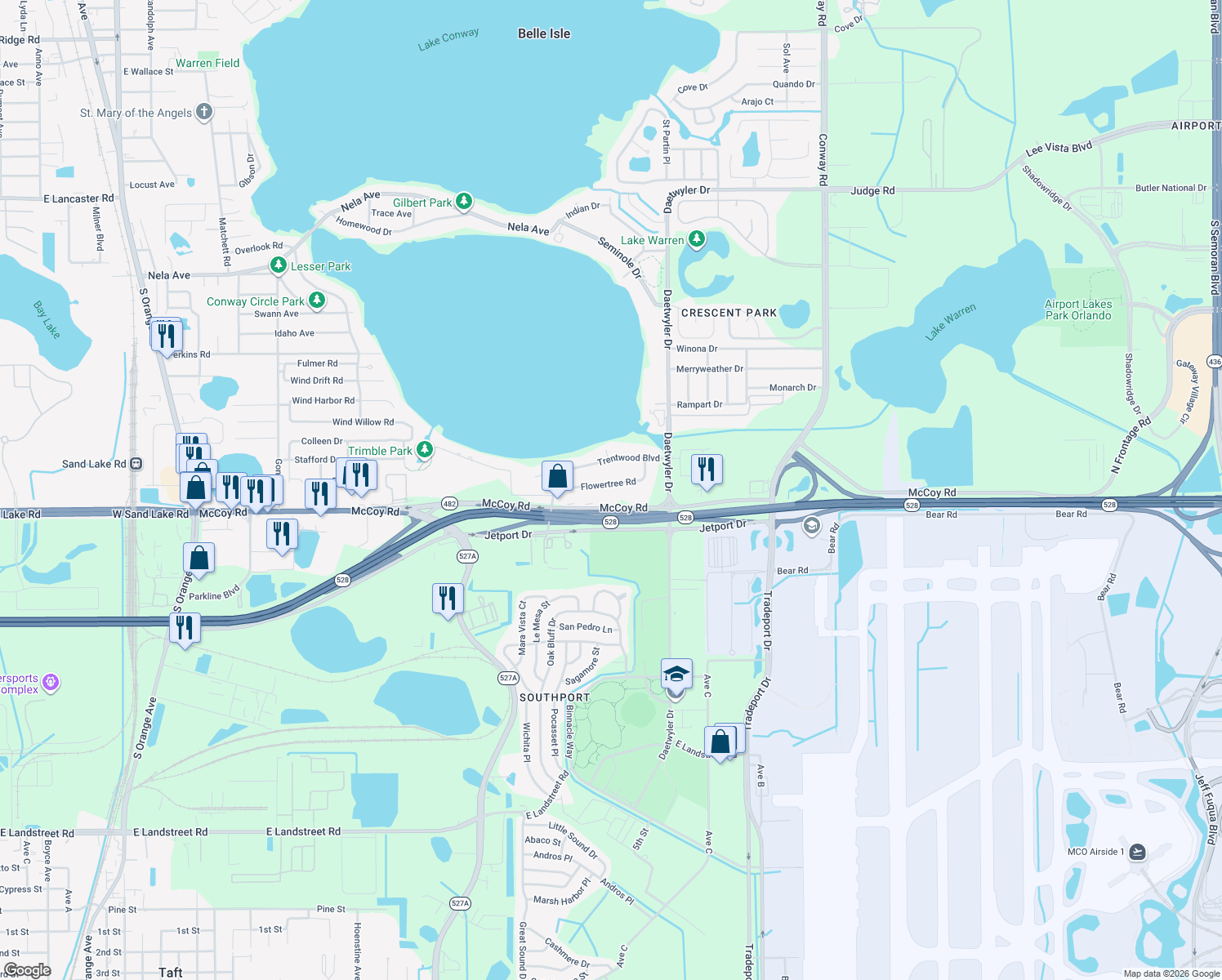 map of restaurants, bars, coffee shops, grocery stores, and more near 3200 Flowertree Road in Belle Isle