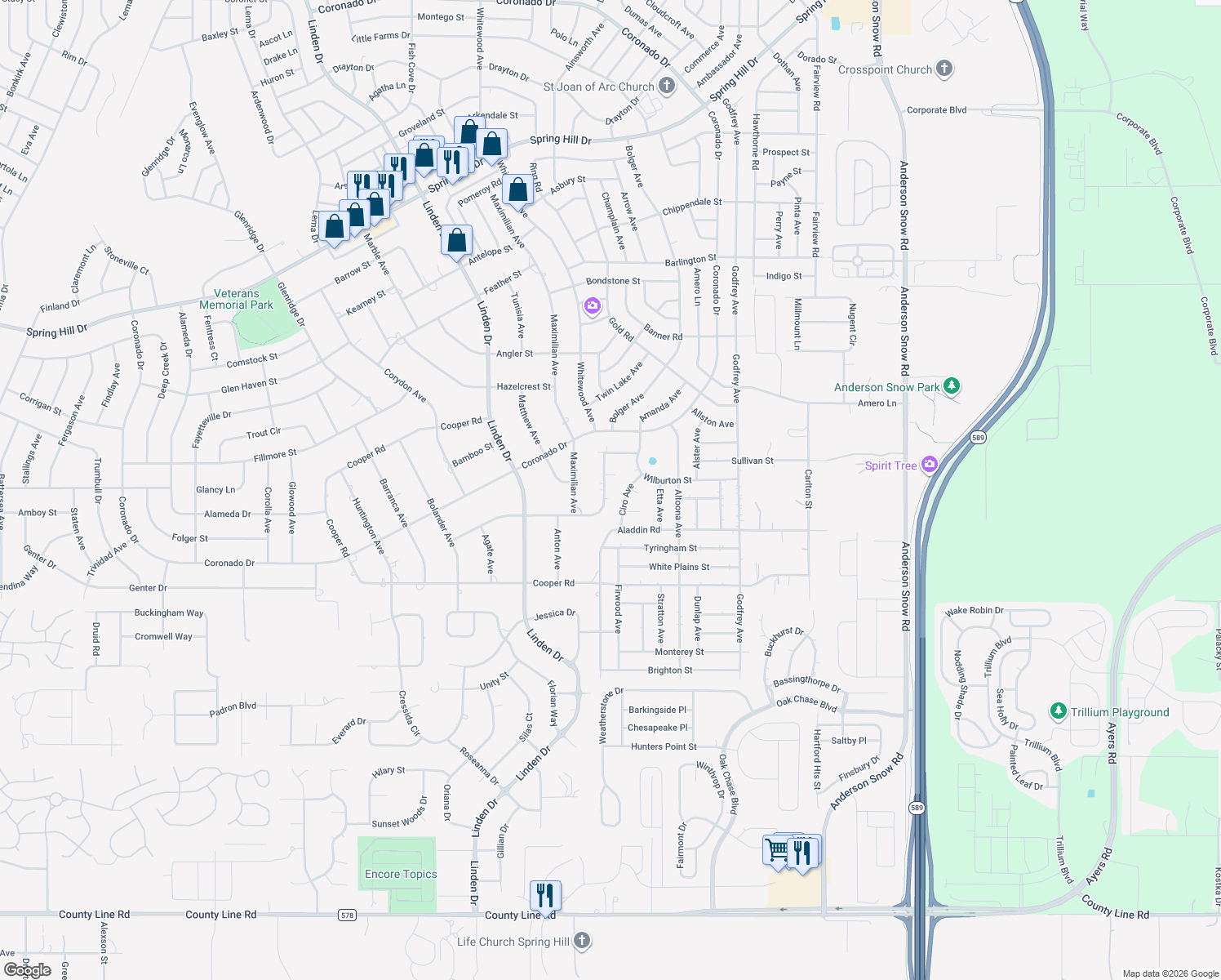 map of restaurants, bars, coffee shops, grocery stores, and more near 13368 Whitmarsh Street in Spring Hill