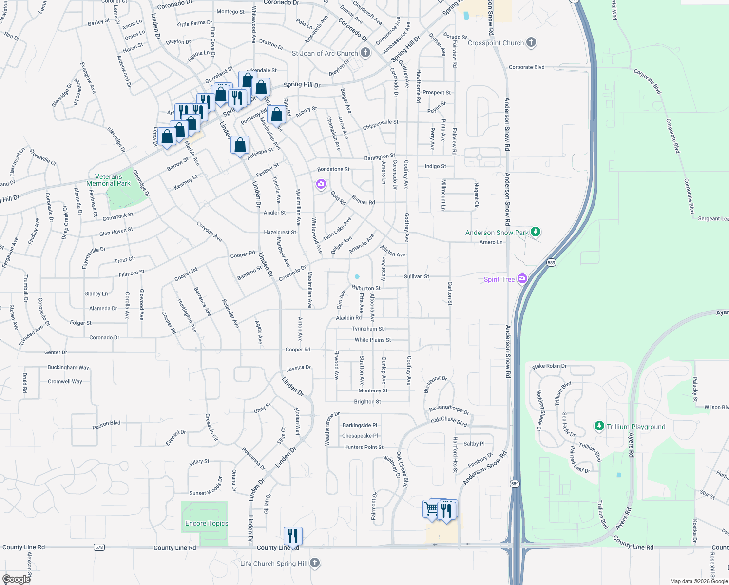 map of restaurants, bars, coffee shops, grocery stores, and more near 1256 Etta Avenue in Spring Hill