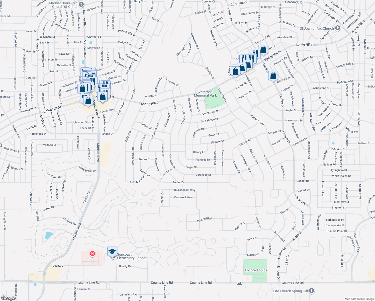 map of restaurants, bars, coffee shops, grocery stores, and more near 1532 Alameda Drive in Spring Hill