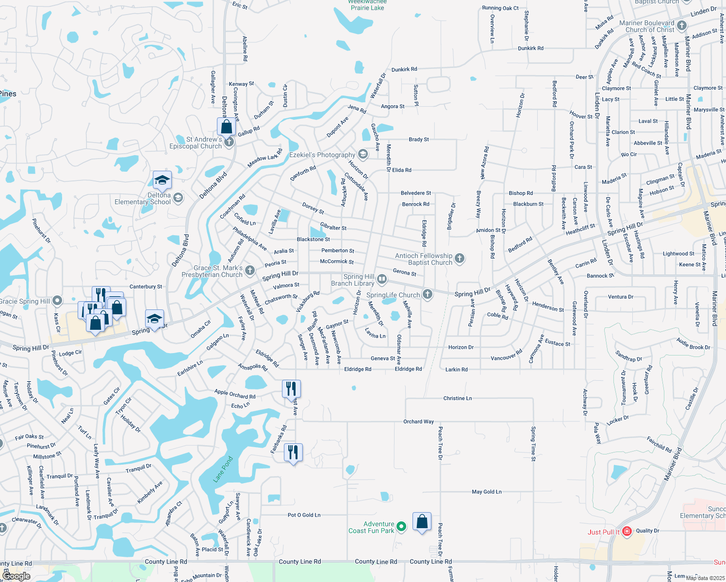 map of restaurants, bars, coffee shops, grocery stores, and more near 9339 Horizon Drive in Spring Hill