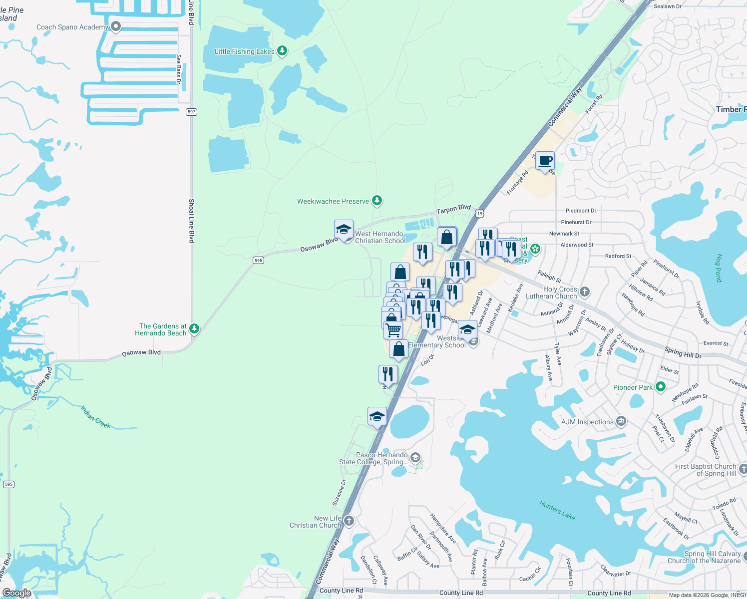 map of restaurants, bars, coffee shops, grocery stores, and more near 5181 Forest Glenn Drive in Spring Hill