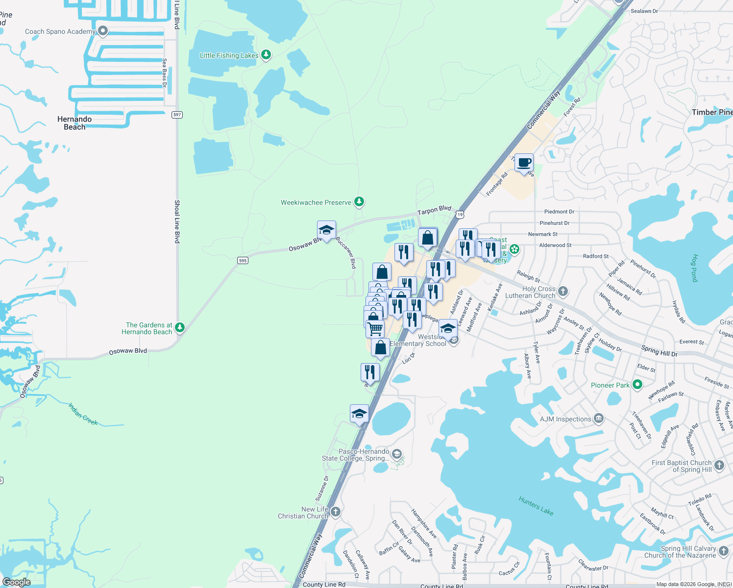 map of restaurants, bars, coffee shops, grocery stores, and more near 5161 Forest Glenn Drive in Spring Hill