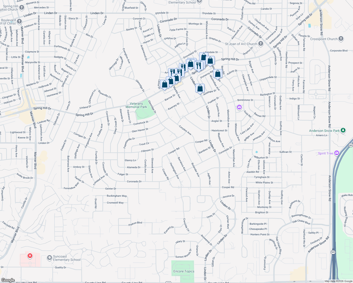 map of restaurants, bars, coffee shops, grocery stores, and more near 12480 Fillmore Street in Spring Hill