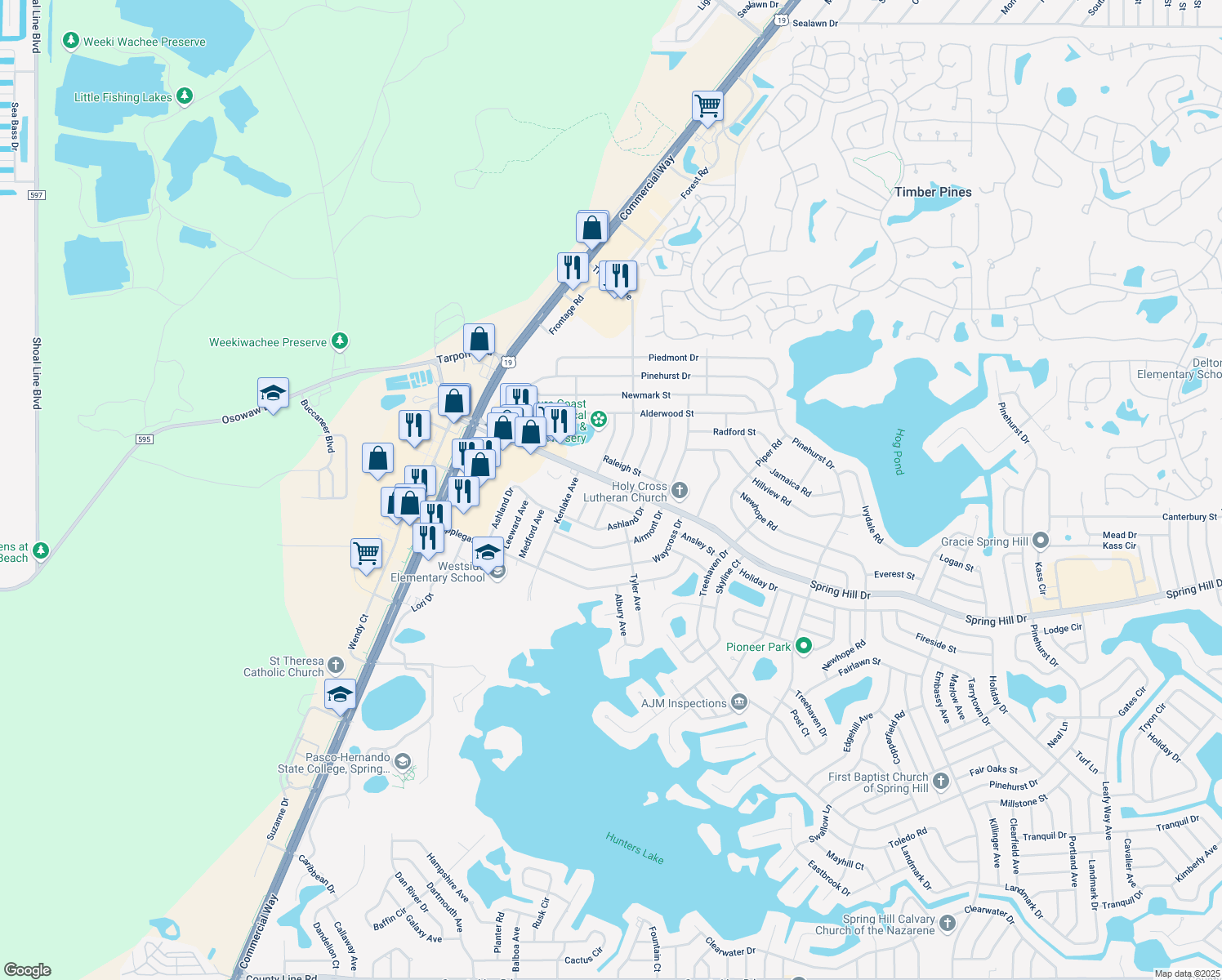 map of restaurants, bars, coffee shops, grocery stores, and more near 6078 Spring Hill Dr in Spring Hill