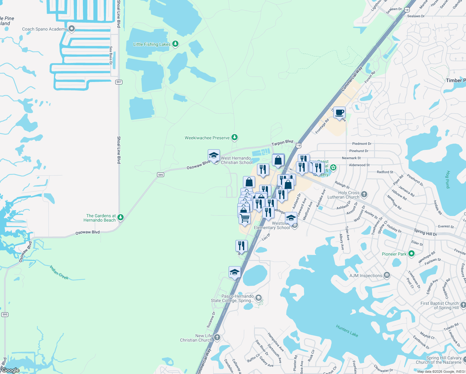 map of restaurants, bars, coffee shops, grocery stores, and more near 1424 Cross Bow Lane in Spring Hill