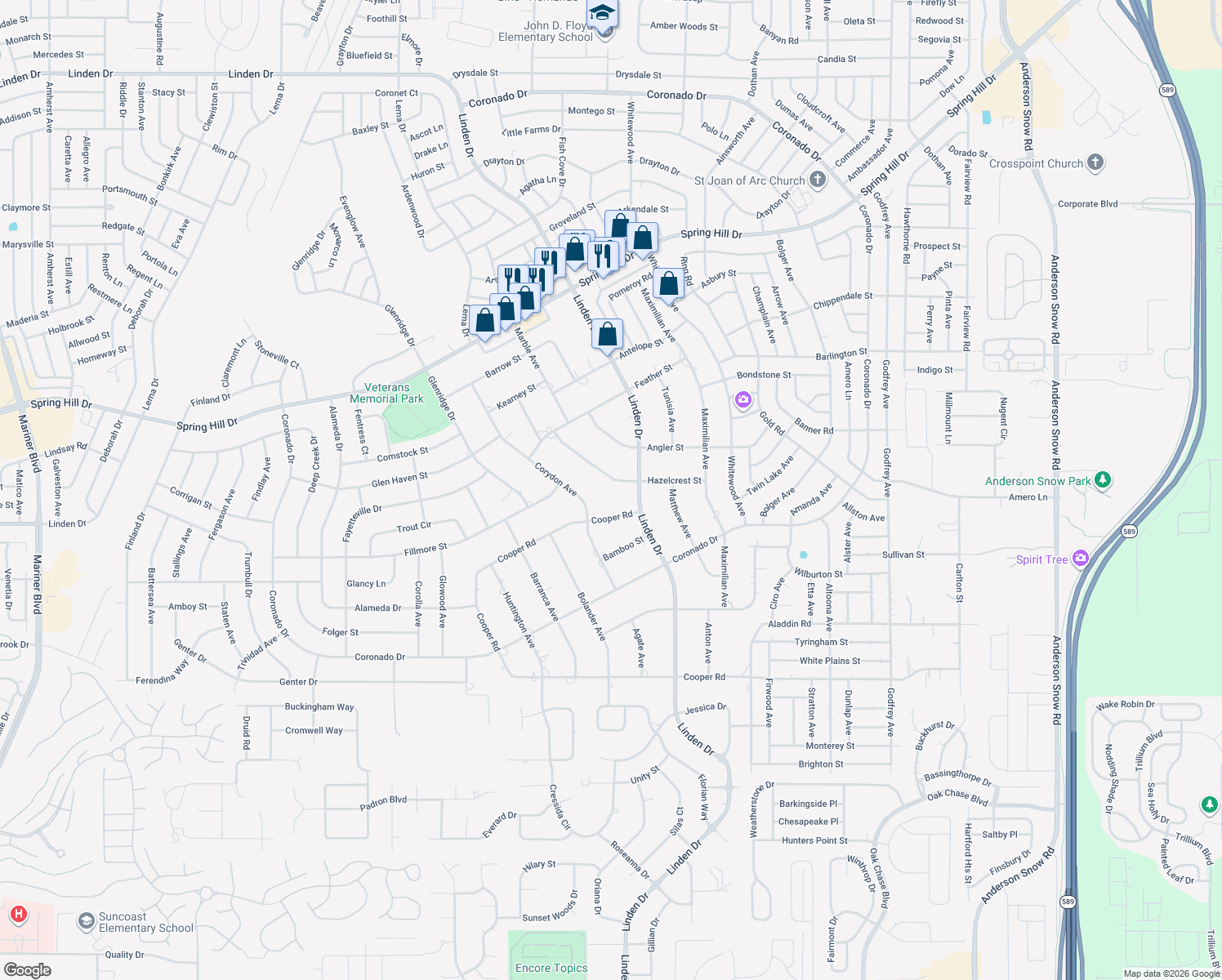 map of restaurants, bars, coffee shops, grocery stores, and more near 13114 Hazelcrest Street in Spring Hill