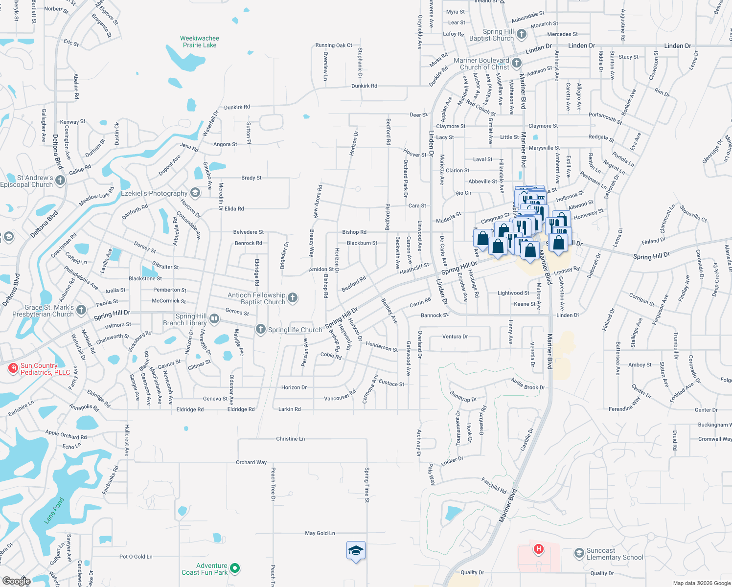 map of restaurants, bars, coffee shops, grocery stores, and more near 10132 Heathcliff St in Spring Hill