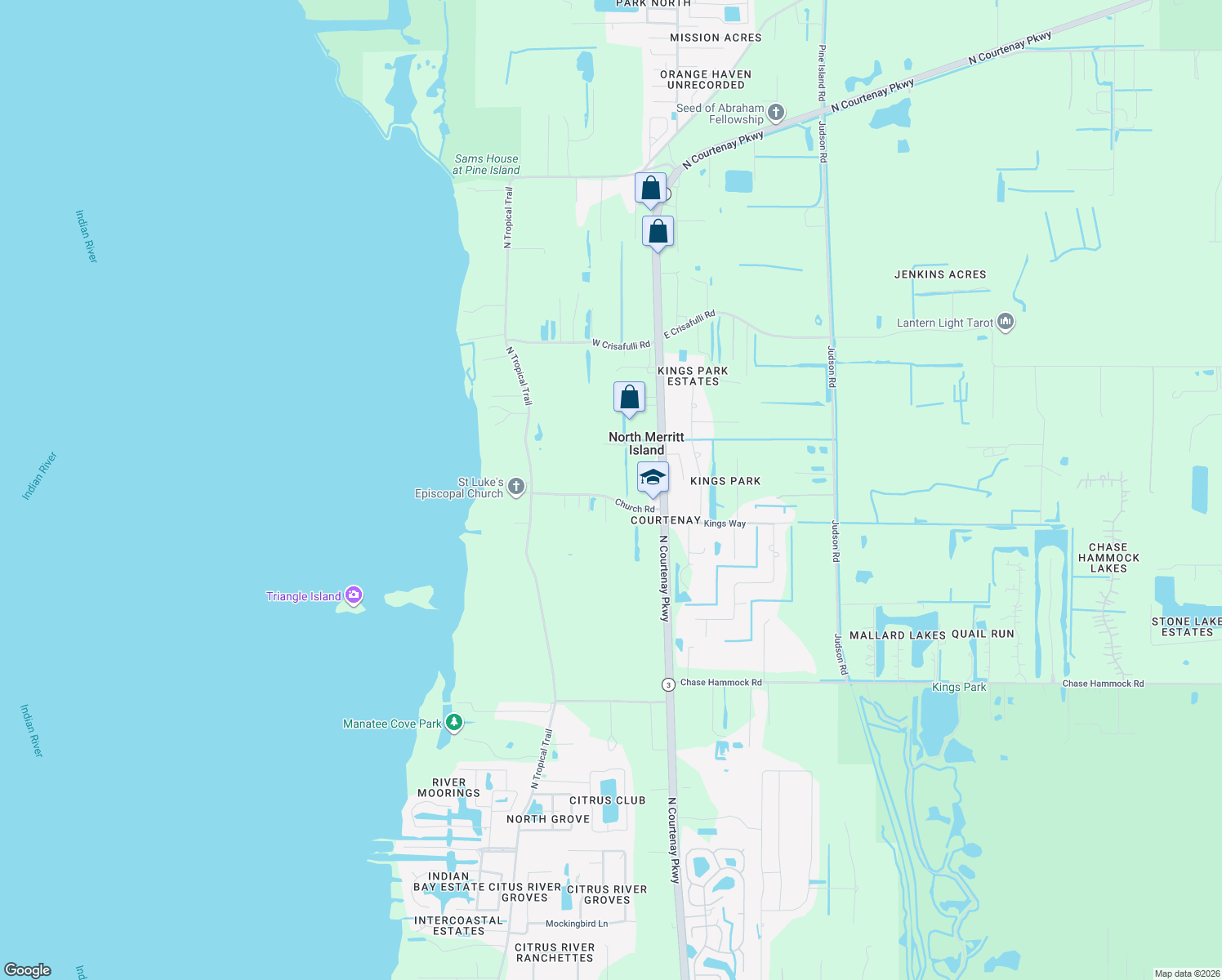 map of restaurants, bars, coffee shops, grocery stores, and more near 178 Church Road in Merritt Island