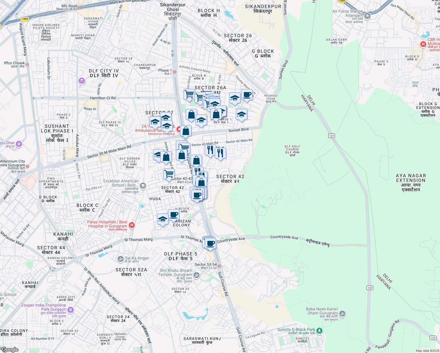 map of restaurants, bars, coffee shops, grocery stores, and more near Golf Course Road in Gurugram
