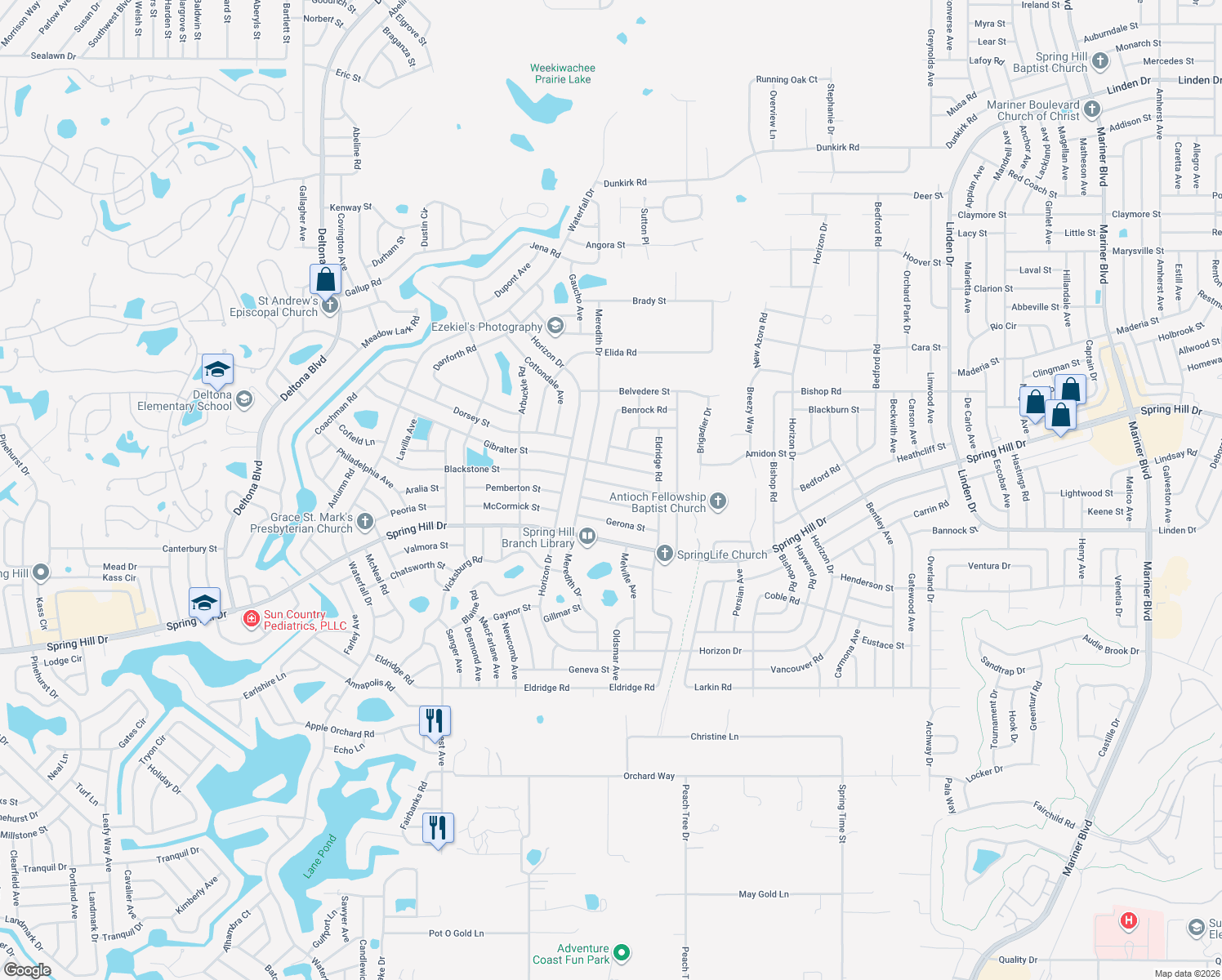 map of restaurants, bars, coffee shops, grocery stores, and more near 9238 Bladon Street in Spring Hill