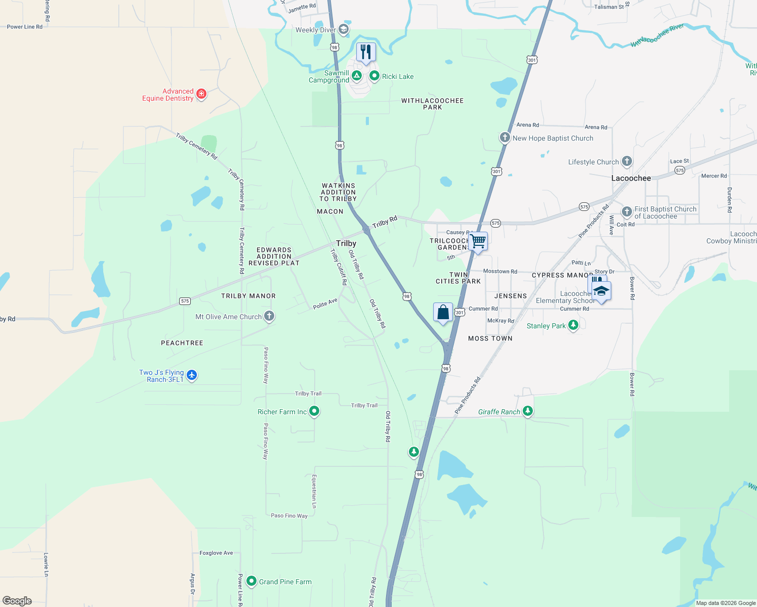 map of restaurants, bars, coffee shops, grocery stores, and more near 20600 Old Trilby Road in Dade City