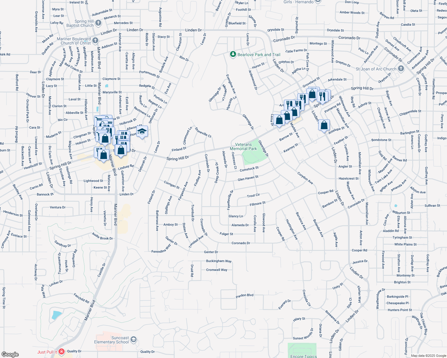 map of restaurants, bars, coffee shops, grocery stores, and more near 1701 Alameda Drive in Spring Hill