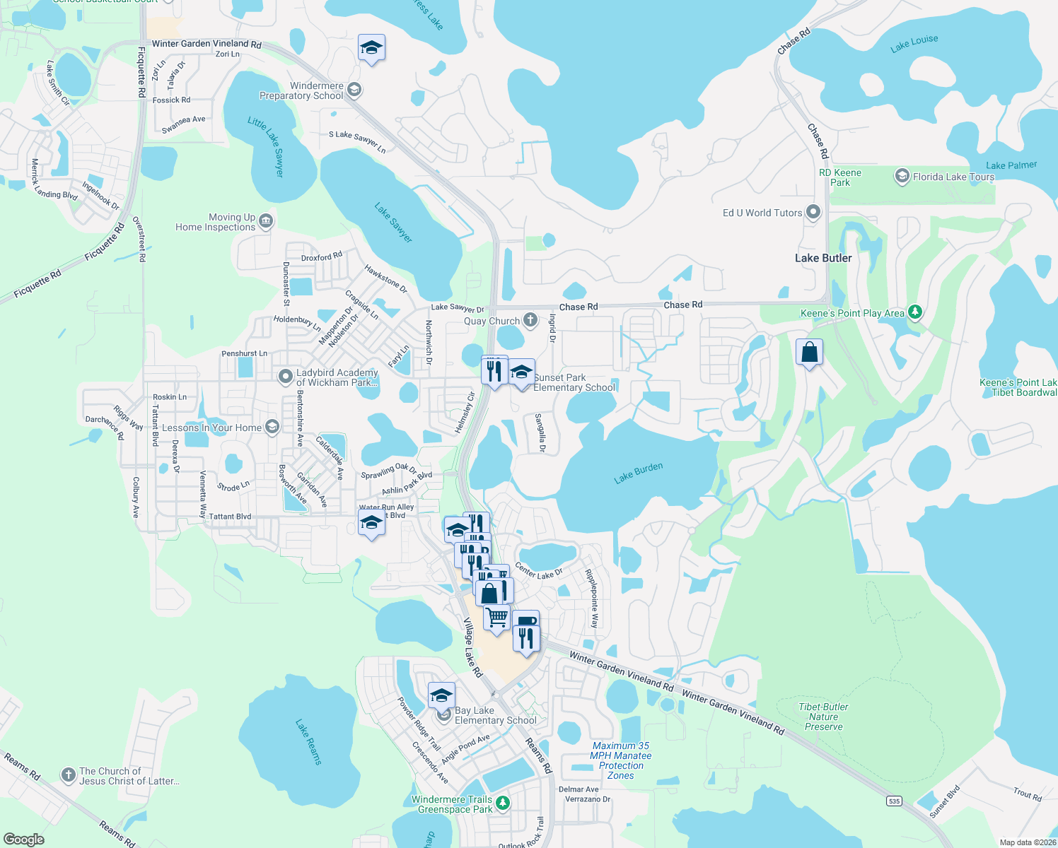 map of restaurants, bars, coffee shops, grocery stores, and more near 12447 Montalcino Circle in Windermere