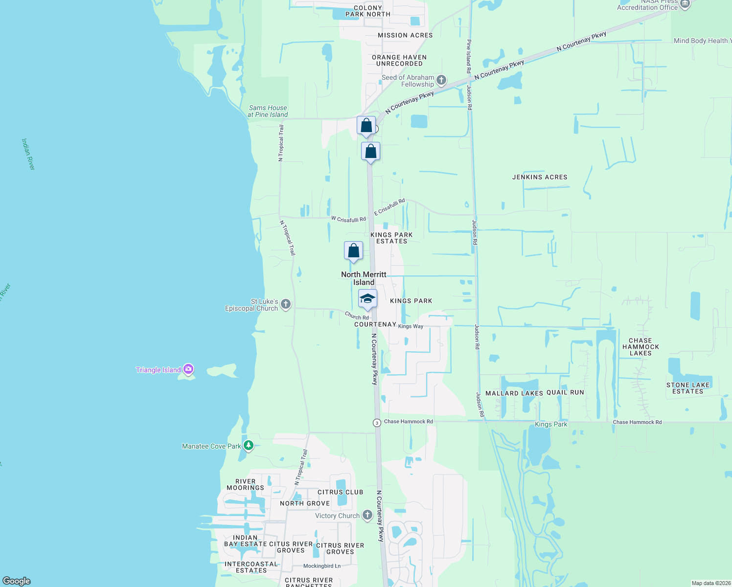 map of restaurants, bars, coffee shops, grocery stores, and more near 5665 North Courtenay Parkway in Merritt Island
