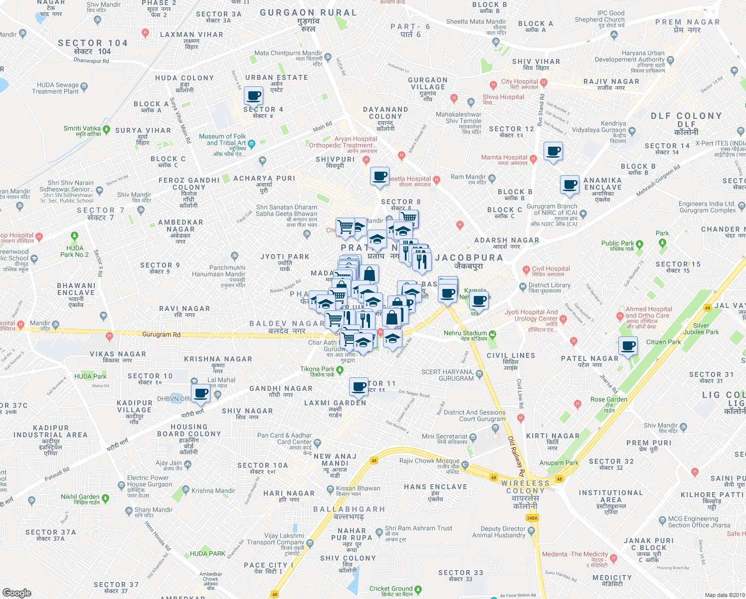 map of restaurants, bars, coffee shops, grocery stores, and more near 1545/4 Rao Mohar Singh Marg in Gurugram