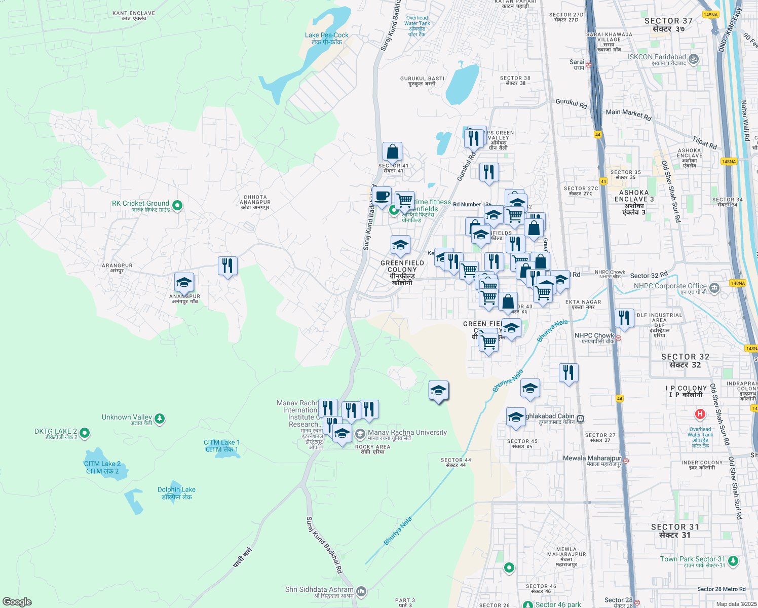 map of restaurants, bars, coffee shops, grocery stores, and more near in Faridabad