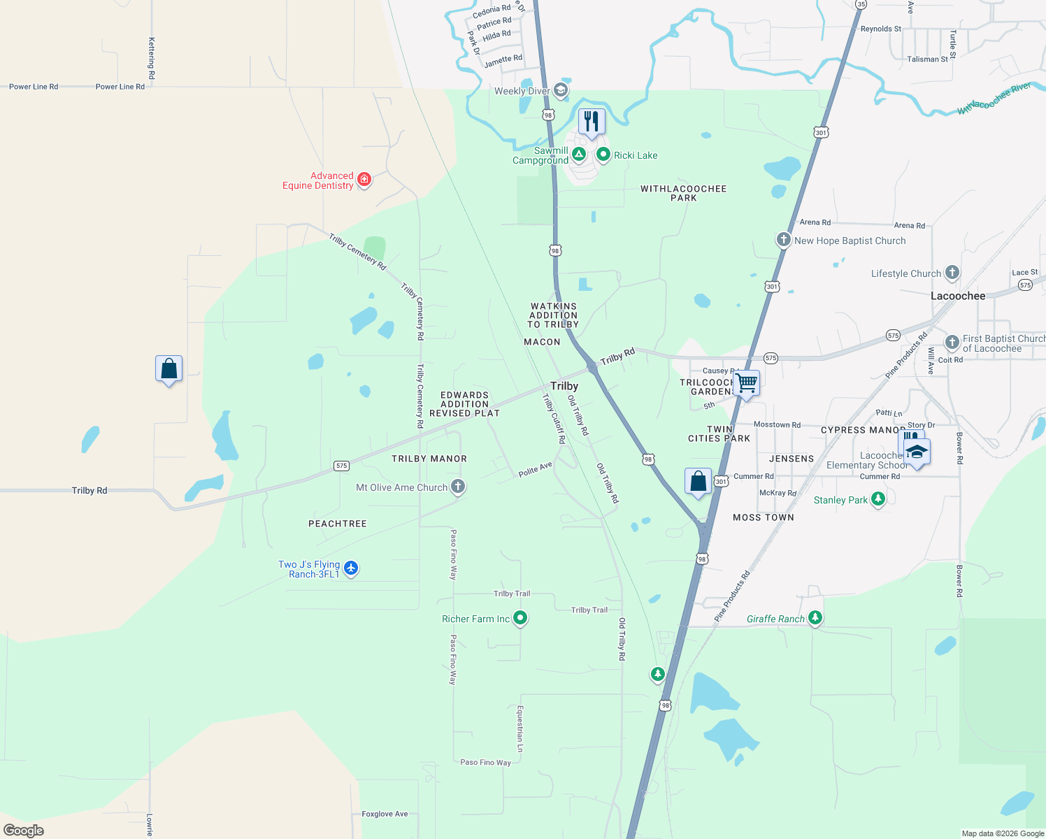 map of restaurants, bars, coffee shops, grocery stores, and more near 37352 Trilby Road in Dade City