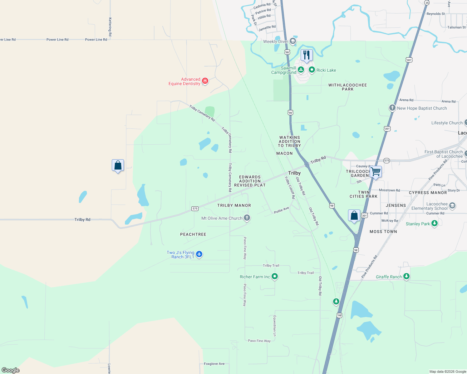 map of restaurants, bars, coffee shops, grocery stores, and more near 20750 Trilby Cemetery Road in Dade City