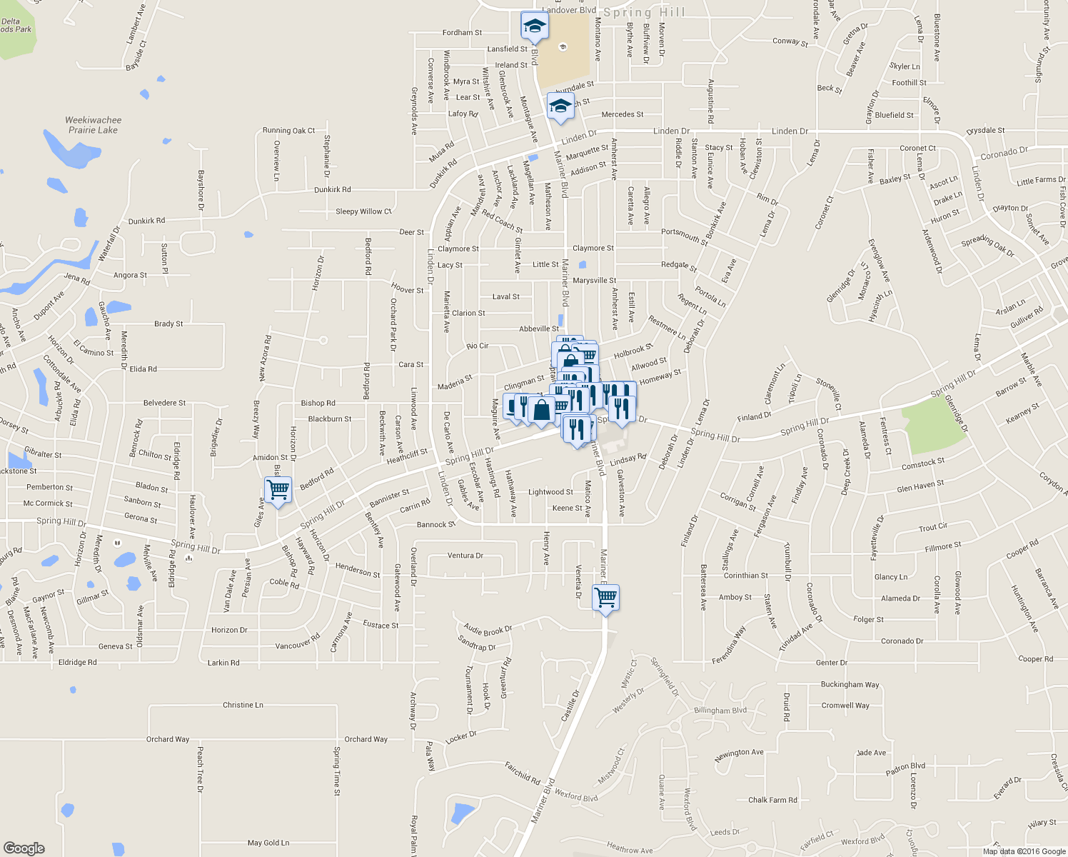 map of restaurants, bars, coffee shops, grocery stores, and more near 10545 Spring Hill Drive in Spring Hill