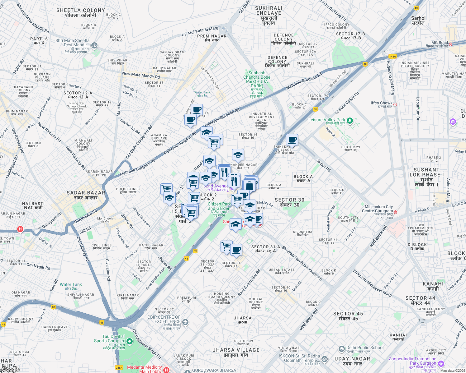 map of restaurants, bars, coffee shops, grocery stores, and more near in Gurugram