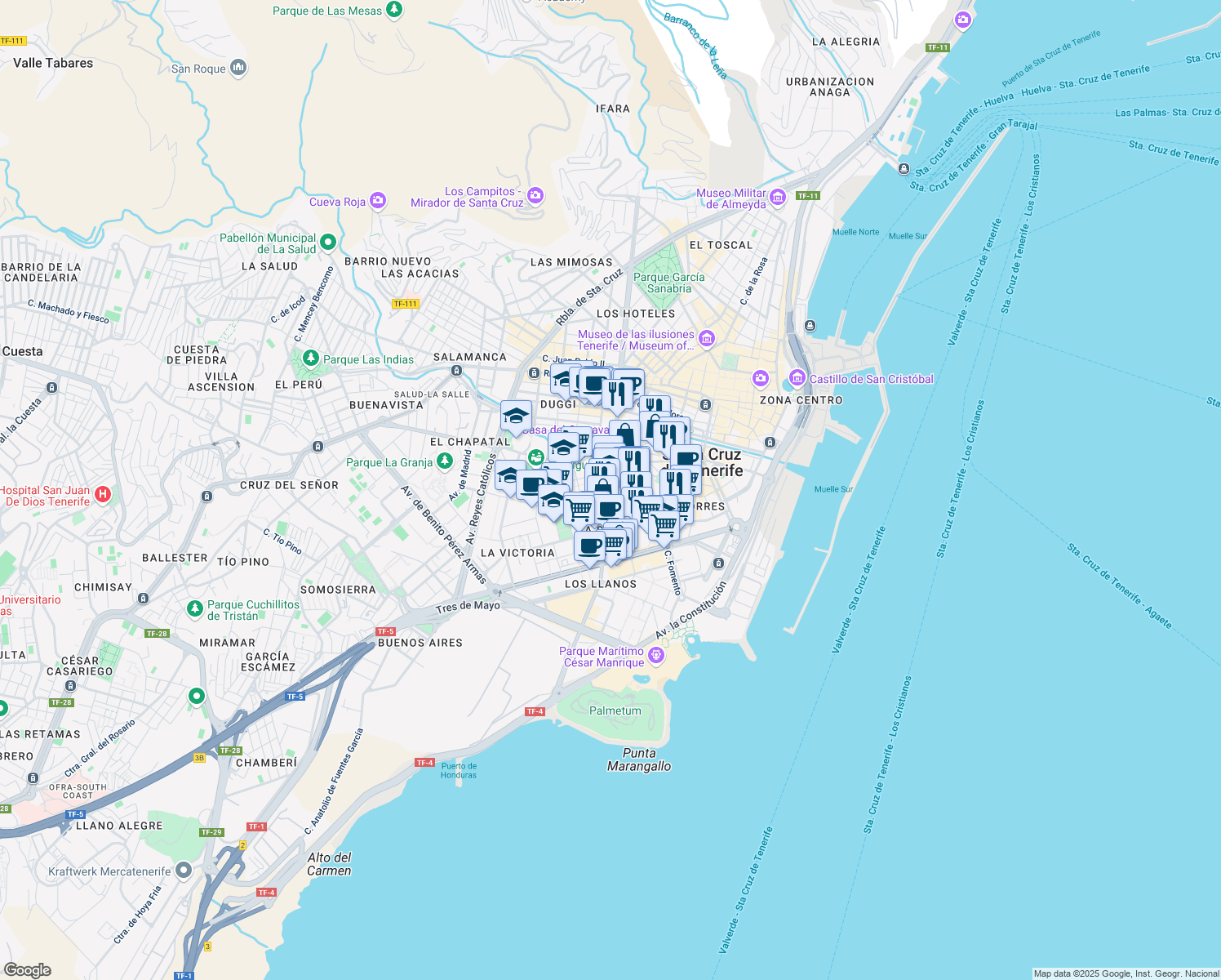 map of restaurants, bars, coffee shops, grocery stores, and more near 3 Avenida la Salle in Santa Cruz de Tenerife