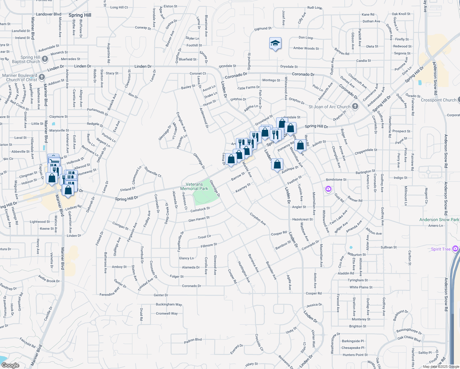 map of restaurants, bars, coffee shops, grocery stores, and more near 12396 Barrow Street in Spring Hill
