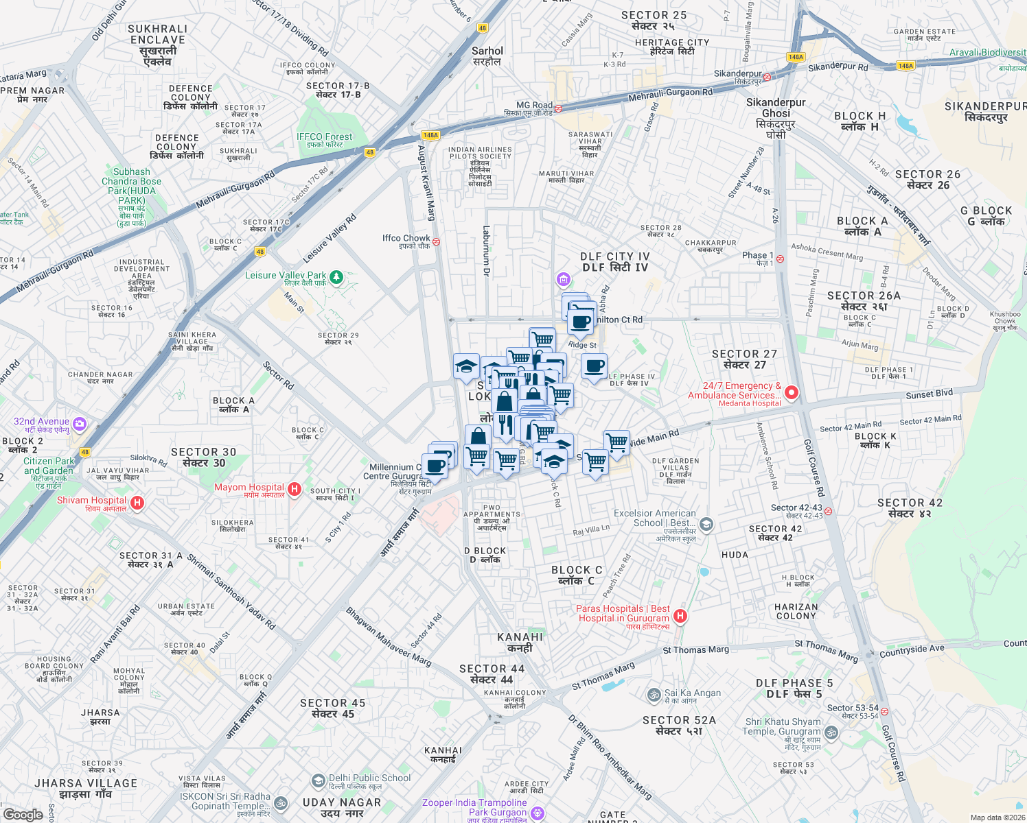 map of restaurants, bars, coffee shops, grocery stores, and more near in Gurugram