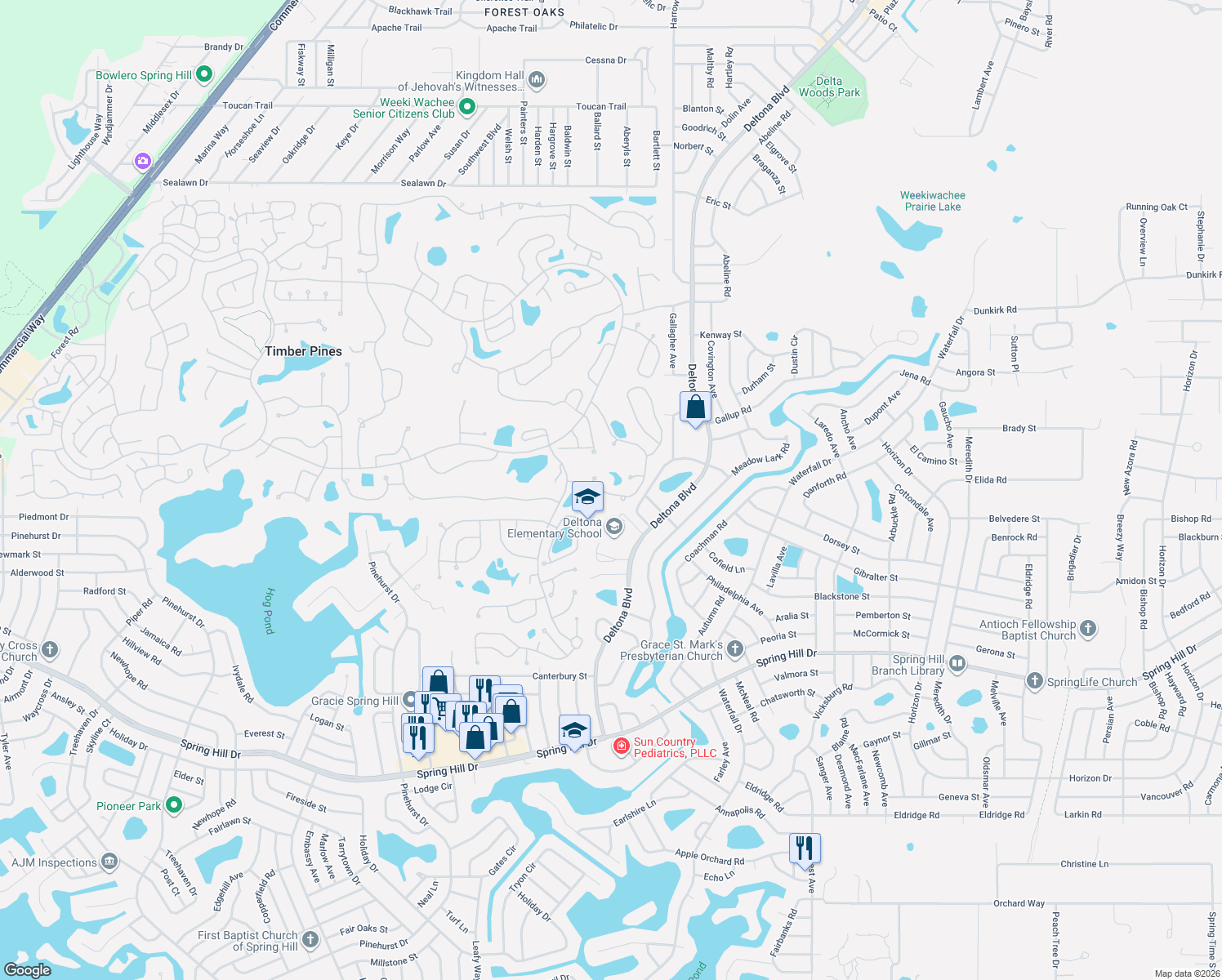 map of restaurants, bars, coffee shops, grocery stores, and more near 2111 Terrace View Lane in Spring Hill